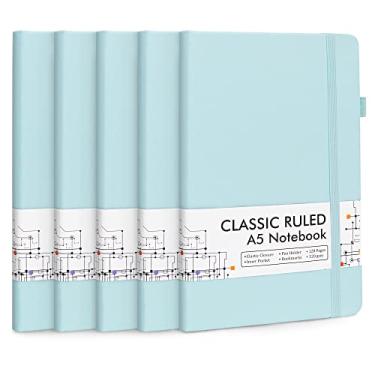 Imagem de feela Pacote com 5 cadernos diários a granel, caderno de capa dura clássico pautado com suporte de caneta para mulheres meninas materiais de negócios escolares, com 5 canetas pretas, 120 GSM, 13 cm x