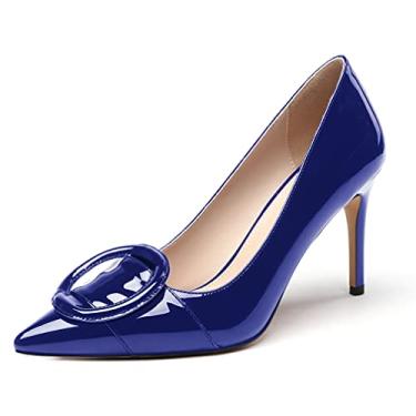 Imagem de WAYDERNS Sapato feminino slip on couro envernizado bico fino círculo fivela decoração salto alto stiletto lindo vestido 8,5 cm, Azul royal, 12.5