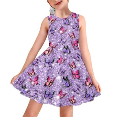 Imagem de Sprowallow Vestido feminino sem mangas de verão com gola redonda estampado para crianças regata vestidos florais na moda, Borboleta brilhante, 7-8 Anos