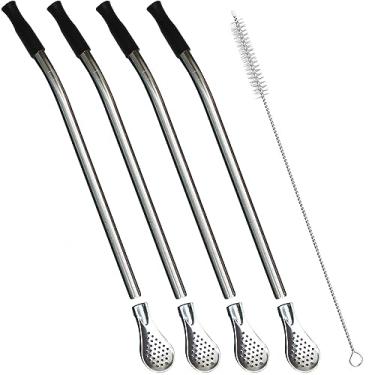 Imagem de Palha reutilizável Bombilla Erva Mate – Filtro de aço inoxidável removível estilo colher com ponta de silicone macio – Canudo de metal para beber chá de folhas soltas, café – Inclui escova de limpeza