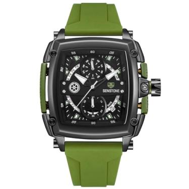 Imagem de Relógio masculino quadrado, moderno, esportivo, multifunções, cronógrafo, quartzo, analógico, presente para homens, pulseira de borracha e pulseira de silicone, Preto, verde, Casual