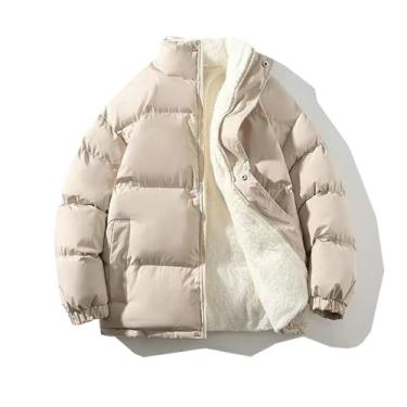 Imagem de Aoleaky Jaqueta de inverno masculina streetwear de lã parkas jaqueta solta bolha jaqueta quente gola alta casacos acolchoado roupas, Bege, G