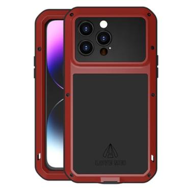 Imagem de LJFLYXRI Capa resistente militar para iPhone 15 Pro Max proteção definitiva - resistente, à prova de choque, à prova de poeira, à prova de arranhões, metal e silicone com vidro temperado (vermelho)