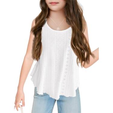 Imagem de Regata feminina rodada com ilhós, lindas alças finas para o verão, camisetas infantis bordadas sem mangas, Branco, 13-14 Anos