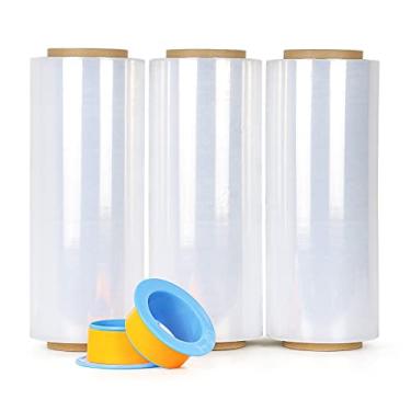 Imagem de BOMEI PACK Envoltório de estiramento transparente força industrial 30,48 cm x 3000 pés - calibre 80 grosso (pacote com 3), suprimentos de paletes de plástico transparente | Autoadesivo durável - filme retrátil de embalagem aderente