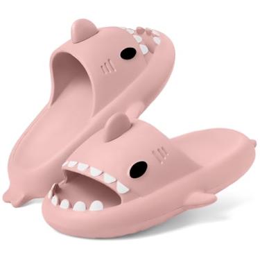 Imagem de Sandálias infantis de tubarão | Chinelos de banho para meninos e meninas | Sandálias de dedo aberto com desenho fofo | Sola grossa acolchoada para praia e piscina, rosa, 5-6 Big Kid