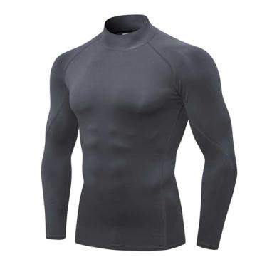 Imagem de LEICHR Camisetas de compressão masculinas de manga comprida e secagem fresca para academia com gola rolê, Cinza nº 58, GG