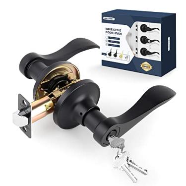 Imagem de LOQRON Maçaneta de porta estilo onda com chave, maçaneta de entrada reversível para canhoto/direita para escritório ou porta da frente com preto fosco, 1 pacote