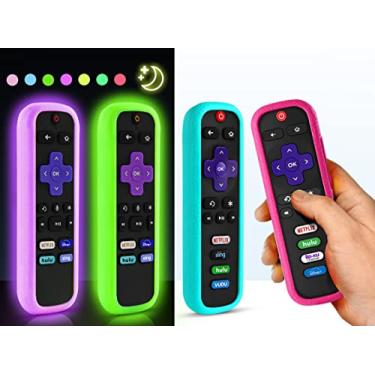 Imagem de (Pacote com 4) ONEBOM Capa para controle remoto Roku, capa para Hisense/TCL Roku TV Steaming Stick/Express Controle universal de substituição de silicone capa de silicone que brilha no escuro