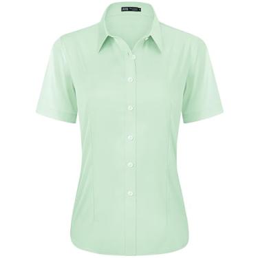 Imagem de J.VER Camisa social feminina casual elástica de manga curta fácil de cuidar, Verde claro, XXG