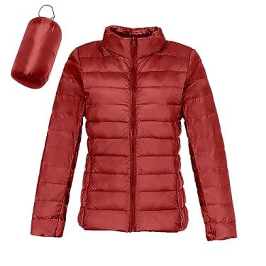 Imagem de Jaqueta feminina leve acolchoada 2023 moda inverno embalável, jaqueta curta de plumas de pato, caimento justo, casaco com zíper e capuz, Vermelho #3, G