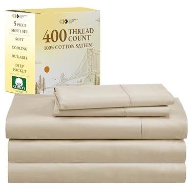 Imagem de California Design Den Jogo de cama King Split, 400 fios - 100% cetim de algodão - Lençóis macios, respiráveis e refrescantes para camas ajustáveis, lençóis de cama com bolso profundo de 5 peças - Bege