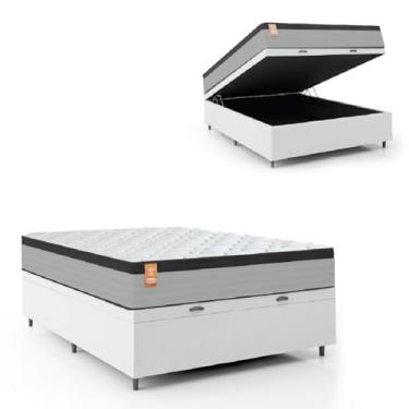 Imagem de Cama Box Baú Colchão Casal Molas Ensacadas Real 138x188x68cm Linho Branco/Preto Inducol - Suporta até 130kg por Pessoa