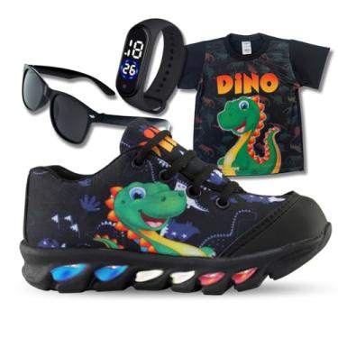 Imagem de Genérico, tenis de led infantil masculino dinossauro com luzinha meninos mais camisa com relogio e oculos Cor:Preto;Tamanho:32