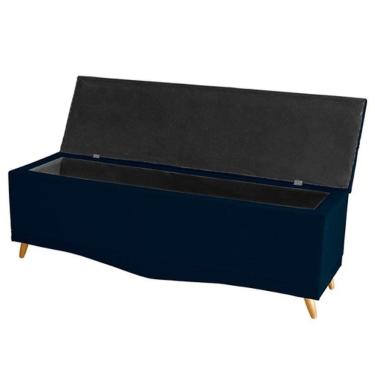 Imagem de Kit De Cabeceira De Cama Box E Calçadeira Baú Helena Casal 140 Cm Retro Capitonê Suede Azul Marinho Eli Móveis