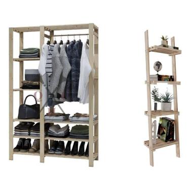 Imagem de Kit Estante Exclusivo Decorativo Design Clássico Multiuso E Arara Roupas Dupla Chão Maceira Pinus Ca