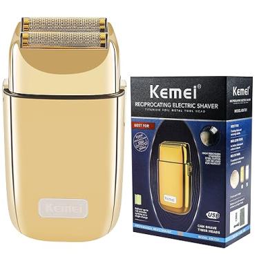 Imagem de Kemei Barbeador elétrico duplo de metal sem fio para homens, barbeadores elétricos fechados, recarregável tipo C para barbear úmido/seco, KM-TX1 dourado