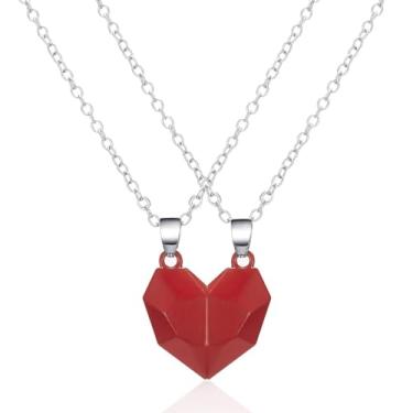 Imagem de Colar Casal Para Namorados Namoro Duas Metades Magnetico Corrente De Amor Coração Que Se Completa Imã Feminino Masculino (Vermelho e Vermelho)