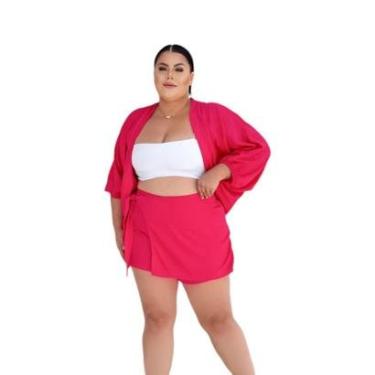 Imagem de Conjunto Plus Size Short Saia com Laço Lateral Blusa Kimono-Feminino