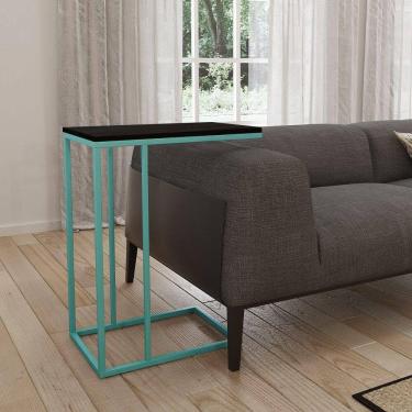 Imagem de Mesa Lateral Industrial Elena Tampo Preto Base Ferro Azul Turquesa - Cor: Azul