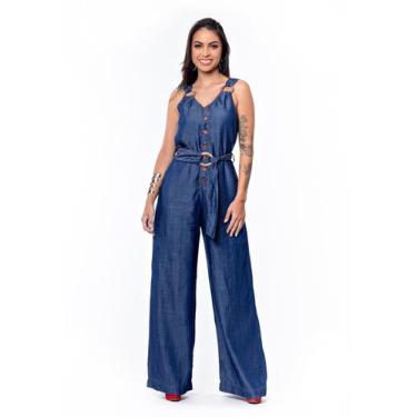 Imagem de Macacão Calça Pantalona Alça com Cinto - Restrito Jeans, 38, Azul escu