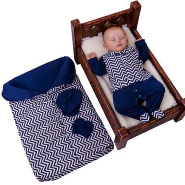 Imagem de Saída Maternidade Com Porta Bebê Menino Toque Básico Azul Marinho 05 P