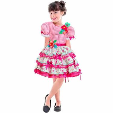 Imagem de Vestido Caipira Super Luxo Exclusivo Xadrez Rosa Com Flores - Fantasia