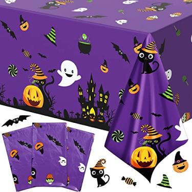 Imagem de 3 Pieces Halloween Tablecloth Disposable Plastic Rectangular Table Covers with Castle Bat Pumpkin Cute Halloween Birthday Decoration Supplies for Kids Happy Halloween Party, 108 x 54 Inch