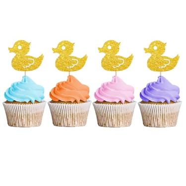 Imagem de Topos de cupcake de pato, topo de cupcake de pato para crianças, palitos de comida de festa de chá de bebê, decoração de festa com tema de fazenda de animais - glitter dourado