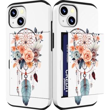Imagem de IWONE Capa compatível com iPhone 14/15 Plus fofa com porta-cartões à prova de choque Slim Slot Phone 14/15 Plus capa carteira para mulheres/apanhador de sonhos flor pena feminina