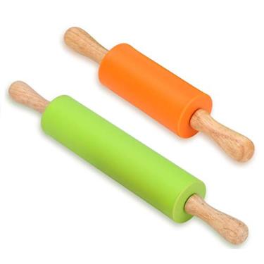 Imagem de Rolo de massa de silicone – Rolo de massa para pizza, biscoito com cabo de madeira e superfície antiaderente – 2 pacotes de rolos para assar (tamanho mini e grande)..