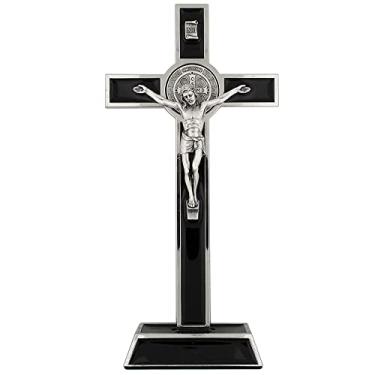 Imagem de Standing Saint Benedict Medal Crucifix | Patron Saint of Students and Europe | Catholic Home Décor | Great Gift for Baptism, First Holy Communion, and Confirmation (Silver-Tone and Black)