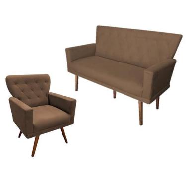 Imagem de Kit Namoradeira + 1 Poltrona Decorativa Aurora Suede Marrom Pés Madeir