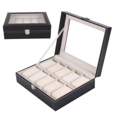 Imagem de Maleta organizadora em madeira e couro com visor caixa porta relogios 