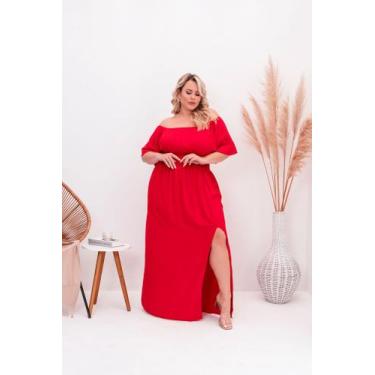 Imagem de Vestido feminino festa natal Plus size longo vermelho com fenda manga 