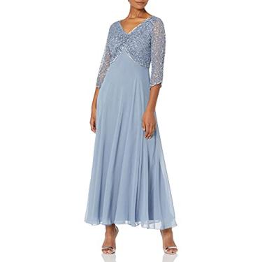 Imagem de J Kara Vestido longo feminino manga 3/4 gola V com contas, Azul/Azul/Prata, 44