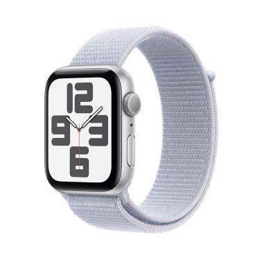 Imagem de Apple Watch SE GPS • Caixa prateada de alumínio – 44 mm • Pulseira loop esportiva nuvem azul