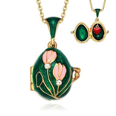 Imagem de Colar com pingente de medalhão de ovo vintage tulipa lírio com pingente de coração surpresa dentro para mulheres, Latão, Cristais austríacos