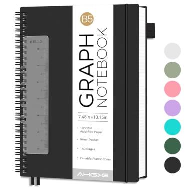 Imagem de AHGXG Caderno de papel milimetrado – Caderno espiral 19,3 cm x 25,4 cm, caderno gráfico grande B5, 140 páginas, papel quadriculado grosso de 100 g/m², capa de plástico impermeável, para engenharia de