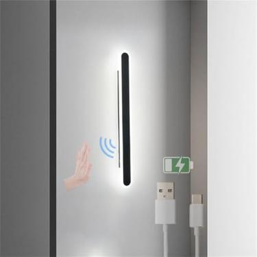 Imagem de Luminária de parede interna LED com interruptor de varredura manual, sensor de movimento, arandelas de parede, preta, recarregável por USB, luz de parede, alimentada por bateria, linear, 270