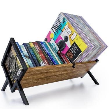 Imagem de SAYONEYES Porta-discos de vinil – Rack de armazenamento de LP retrô queimado a fogo para 80 a 100 álbuns | Moldura de madeira maciça e aço resistente | Montagem fácil | Organizador multiuso para