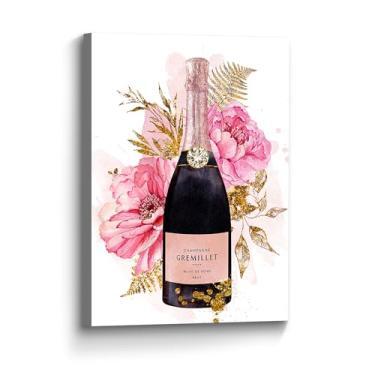 Imagem de Color Play Arte em tela da moda vinho champanhe: garrafa preta glamorosa com flor de peônia rosa pintura Vogue arte romântica imagem floral para cozinha, casa, escritório, quarto, decoração de parede