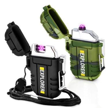 Imagem de Pacote com 2 isqueiros elétricos à prova d'água, à prova de vento, arco duplo, recarregáveis, isqueiros de plasma sem chama, para acampamento, caminhada, sobrevivência, equipamento tático, presentes