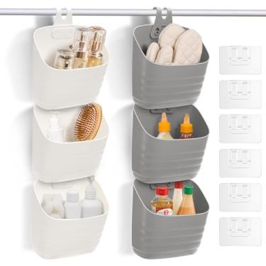 Imagem de Noamus Pacote com 6 cestas de plástico para cozinha, organizador de porta de armário com gancho removível, organizador de chuveiro empilhável montado na parede, sem compartimentos de prateleira de
