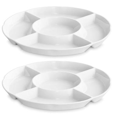 Imagem de Conjunto de porção Chip & Dip com bandeja de porcelana dividida perfeita para lanches de 24 cm de prato branco, conjunto com 2, Louças, 12inch