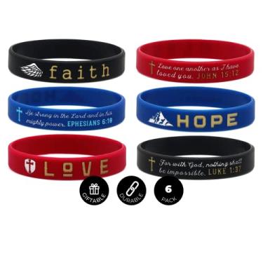 Imagem de (Pacote com 6) Pulseiras de escritura Faith Hope Love - Pacote com 6 pulseiras de borracha de silicone em design unissex - Joias inspiradoras de oração para homens e mulheres, One Size, Borracha