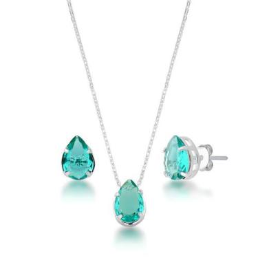 Imagem de Conjunto Colar e Brinco Gota Pequena Verde Veneziana 45cm Esmeralda An