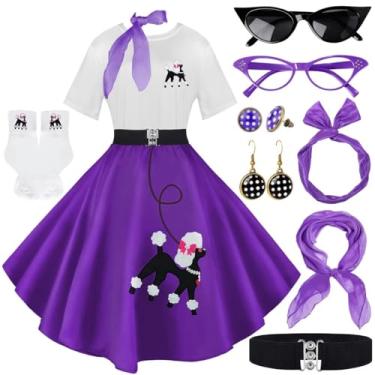 Imagem de 10 peças de roupas femininas, saias poodle dos anos 50, camiseta com acessórios dos anos 50, meias, cachecol, faixa de cabeça, brinco de cinto, Roxa, X-Large