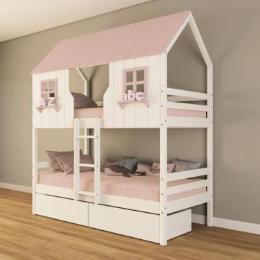 Imagem de Beliche Casinha Encantada com 02 Gavetas Madeira Maciça Branco/ Rosa Housin