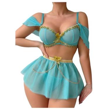 Imagem de COZYEASE Conjunto de lingerie feminina de 3 peças, corrente de malha transparente, conjunto de sutiã e calcinha com laço e saia, Azul claro, Small